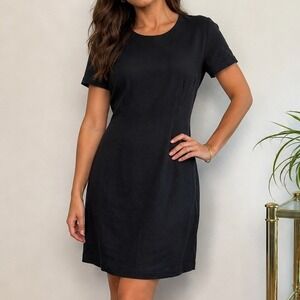 Vintage 90s Black Short Sleeve Shift Dress, Size 12 Expressions Ramie blend